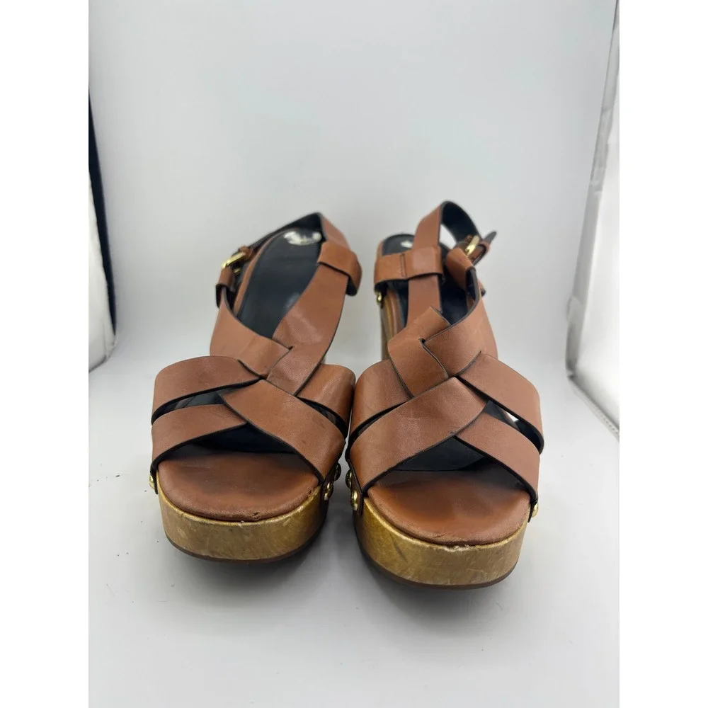 Coach Adessa Tan Leather Wooden Platform Clog Sandals Brown Q6931 Size 9B